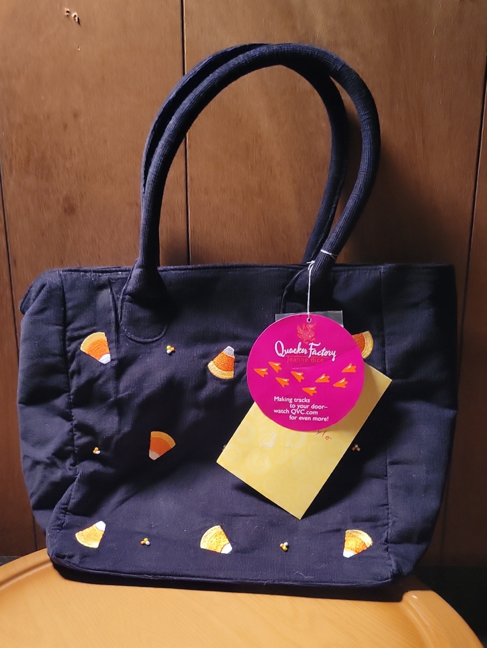 Quacker Factory Black CorduroyTote with Candy Corn Embroidery